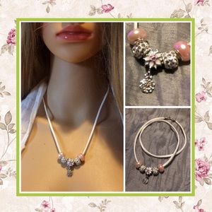 🌸 5PC SUEDE NECKLACE W MONGOLIAN CHARMS PINK BOHO